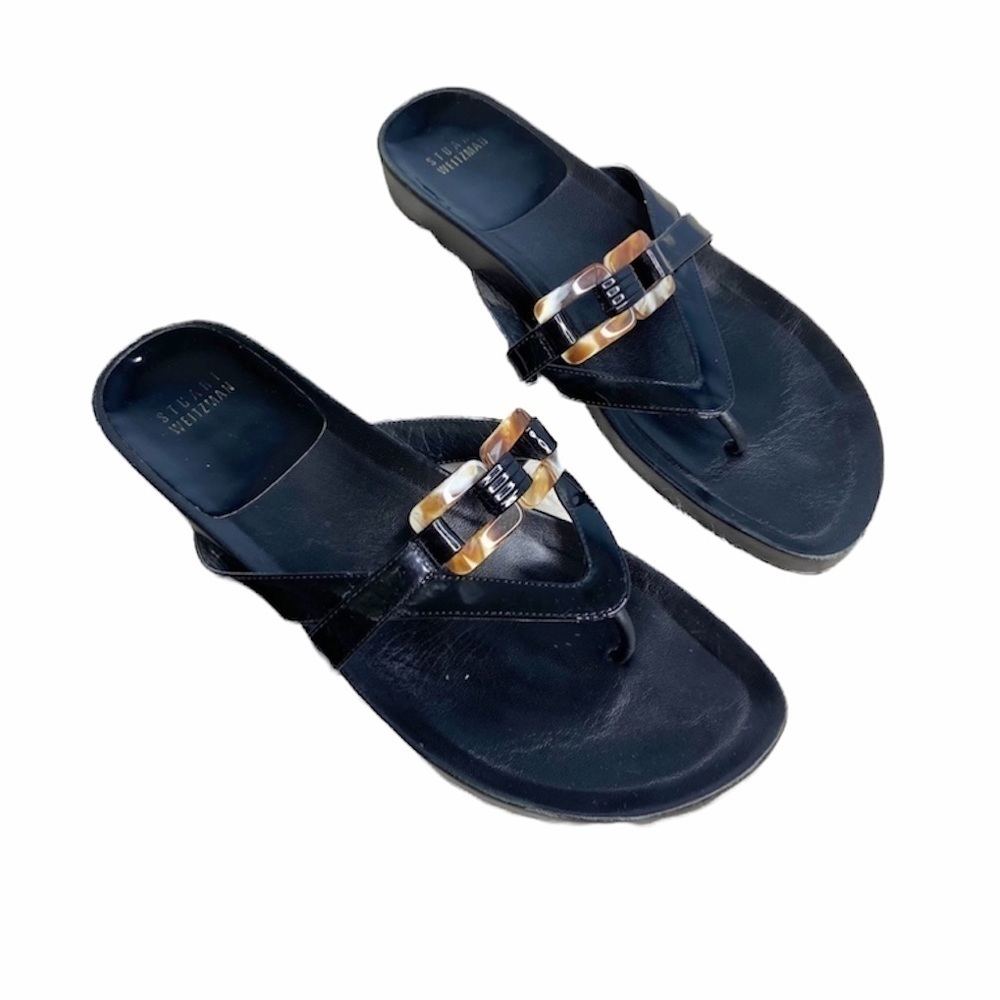 Stuart Weitzman Black Patent tortoise shell ring Thong Sandals Sz 7.5